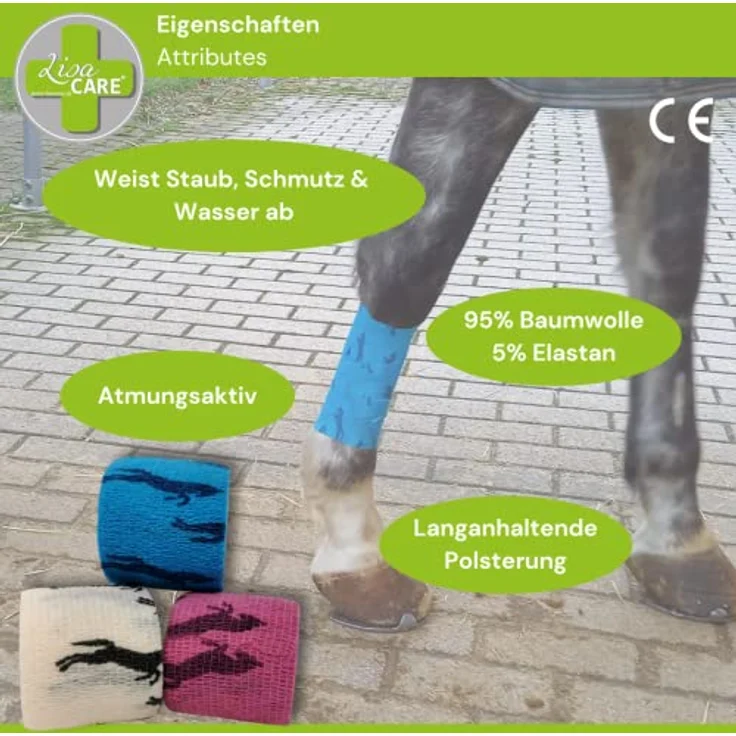 LisaCare selbsthaftende Bandage 3er Set, elastischer Verband für Pferde, 5cm x 4,5m, wasser- und schmutzabweisend, zertifiziertes Medizinprodukt – Bild 2