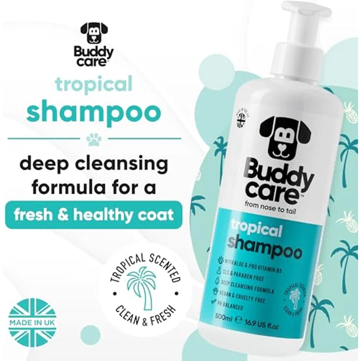 Buddycare Tropisches Hundeshampoo, Tiefenreinigendes Shampoo mit Aloe Vera und Pro-Vitamin B5, 500ml, erfrischender Duft – Bild 2