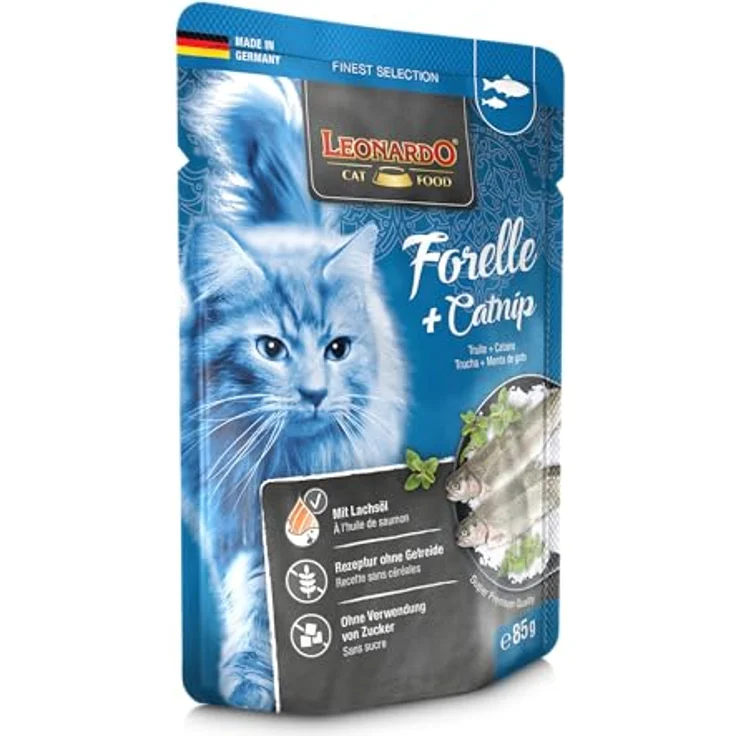 Leonardo Finest Selection, Getreidefreies Katzen-Nassfutter mit Forelle und Catnip, 16x85g – Bild 1