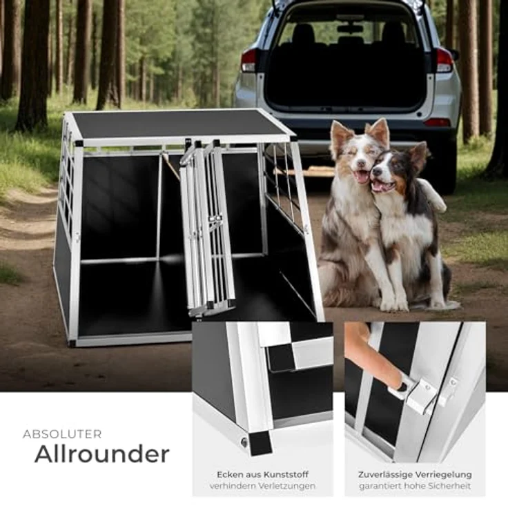 tectake® Doppel Hundebox Auto XL, Aluminium Transportbox für 2 Hunde, leicht und stabil, mit Trennwand - 97 x 90 x 69,5 cm – Bild 4