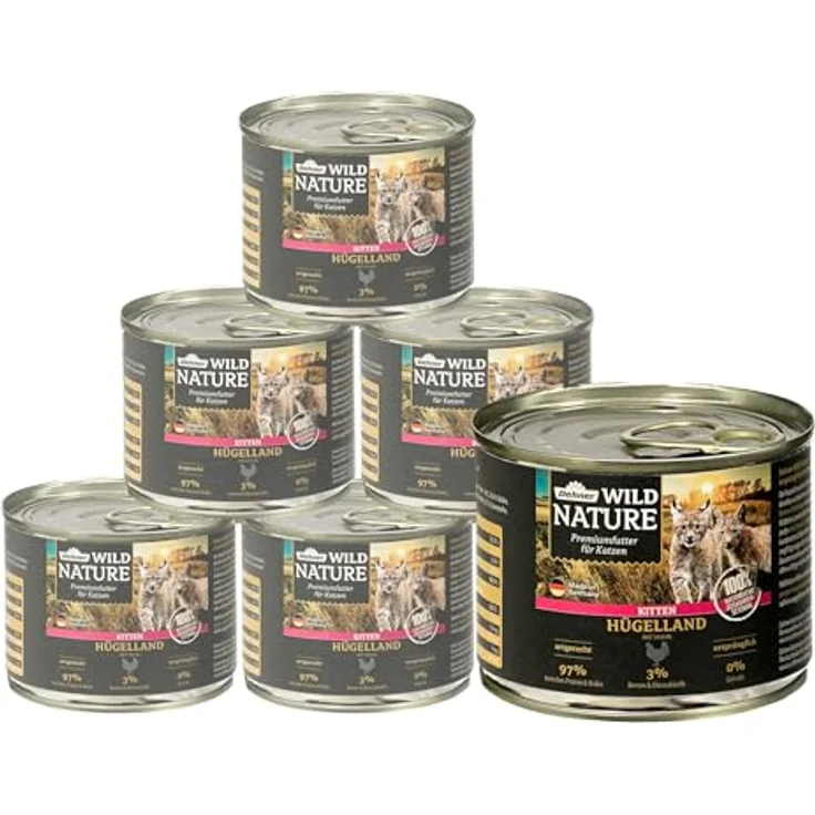 Dehner Wild Nature Katzenfutter Kitten Hügelland, Nassfutter getreidefrei / zuckerfrei, für junge Katzen, Huhn, 6 x 200 g Dose (1.2 kg) – Bild 1