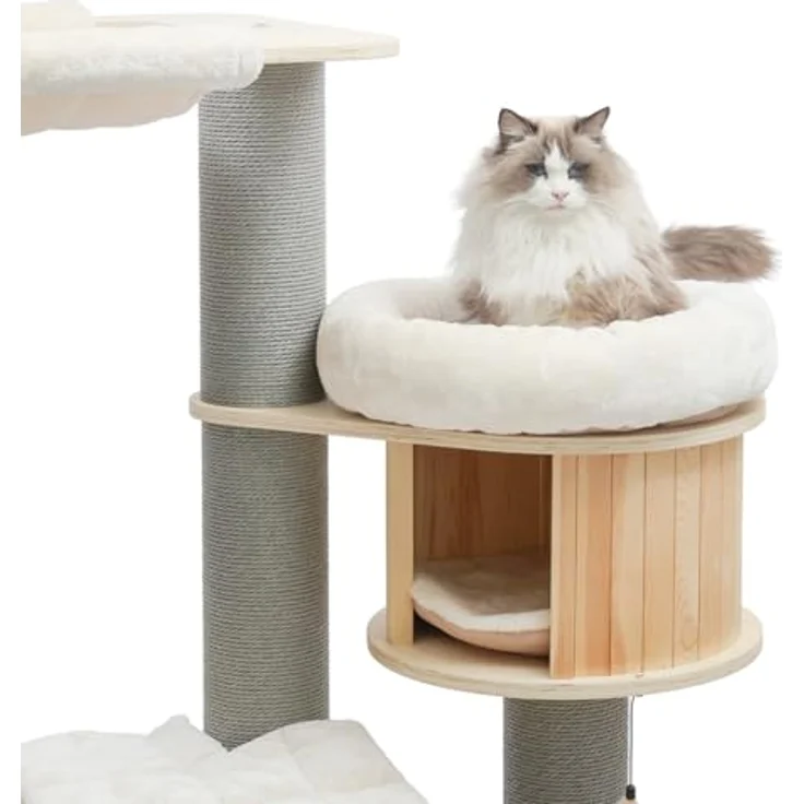 CanadianCat Company Kratzbaum Remy, beige, 130 cm hoch mit Holzhöhle und gepolsterten Liegeflächen – Bild 4