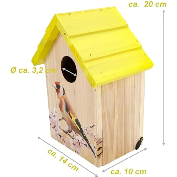 Bubble-Store Nistkasten Vogelhaus für Wildvögel, gelb mit Distelfink-Motiv, zum Hängen oder Stellen, FSC zertifiziertes Natur-Holz – Bild 2