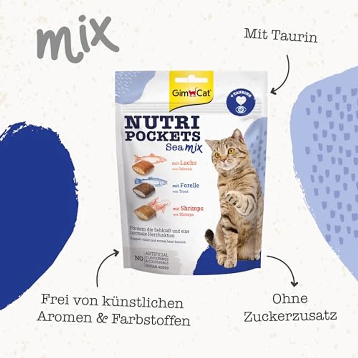 GimCat Nutri Pockets Sea Mix, knuspriger Katzensnack mit cremiger Füllung, Lachs, Forelle und Shrimps, 150 g – Bild 3