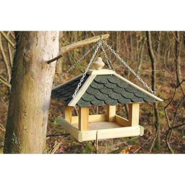 dobar 44256e Klassisches Vogelhaus aus Holz (Kiefer) für Garten, Balkon, mit grünen Bitumenschindeln, stabiler Metallkette zum Aufhängen - Vogelhäuschen Vogel-Futterhaus – Bild 4