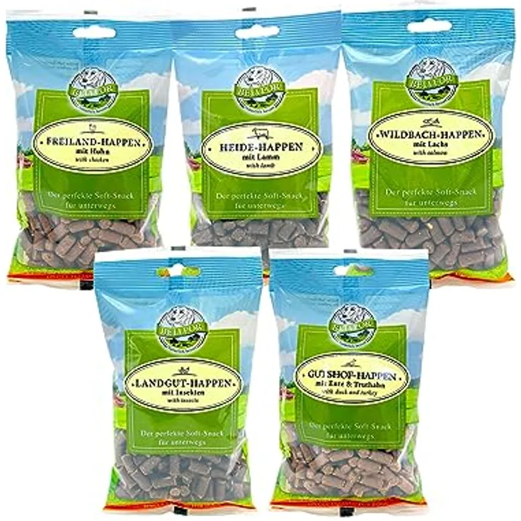 Bellfor Soft-Happen, Getreidefreier Soft-Snack Mix für Hunde, 5 x 200 g - Ente, Truthahn, Huhn, Lachs, Lamm, Insekten, natürliche Zutaten, ideal für empfindliche Mägen und Allergien