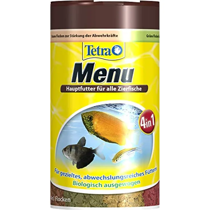 Tetra Min Menu Fischfutter, Hauptfuttermix mit 4 Spezialflocken in getrennten Kammern für alle Zierfische, 100 ml Dose