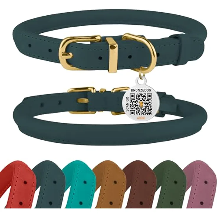 BRONZEDOG Hundehalsband gerolltes Leder mit QR-ID-Tag, verstellbar, rund, Denim, 40-48 cm