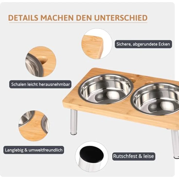 PEGGY11 Edelstahlnäpfe für Hunde, 2er Set, erhöhte rutschfeste Futternäpfe mit Bambusständer, 720 ml, für kleine und mittelgroße Hunde – Bild 3