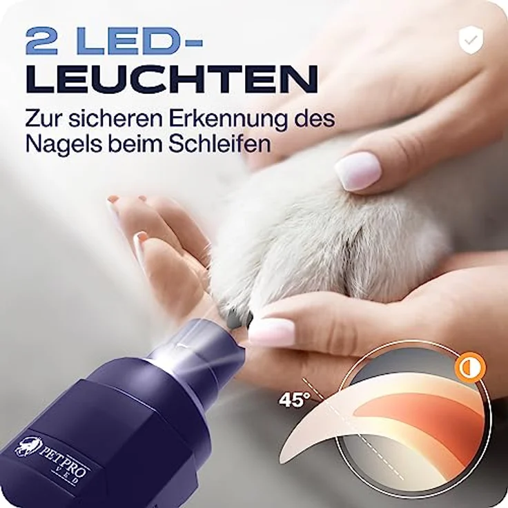 PETPROVED Krallenschleifer für Hunde, elektrischer Nagelschleifer mit LED-Licht, 2 Schleifgeschwindigkeiten, kabelloser Betrieb, inkl. 2 Schleifköpfen und Nagelknipser – Bild 4