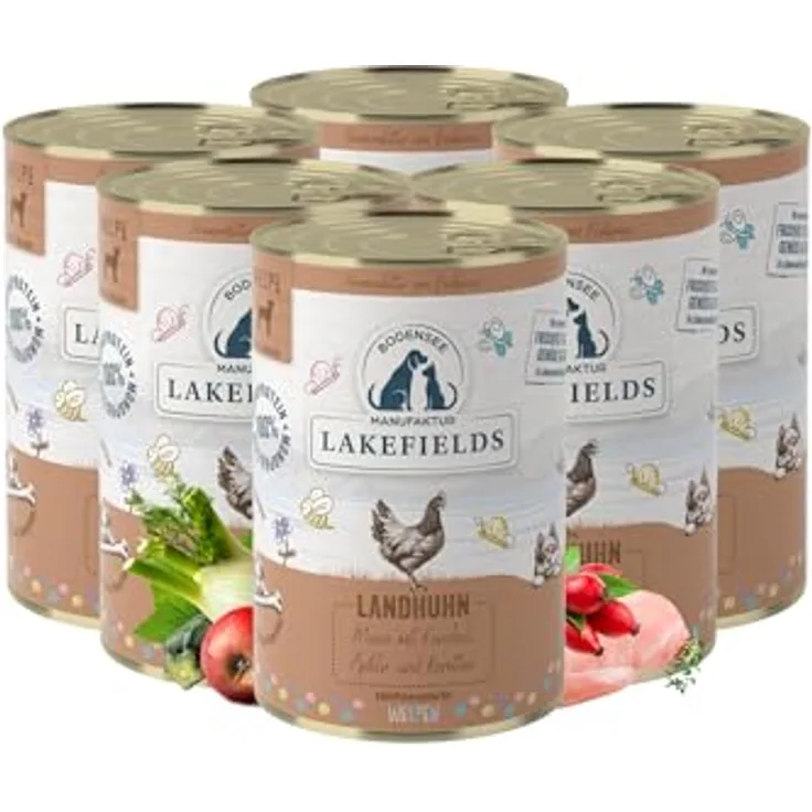 Lakefields Premium Welpenfutter Nass, Huhn 61%, 6 x 400g, Getreidefreies Hundefutter mit natürlichen Zutaten in Lebensmittelqualität, Karotten, Kartoffeln & Apfel