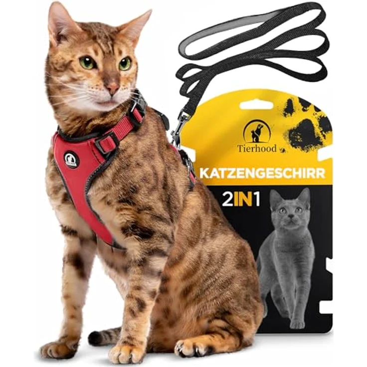 Tierhood Katzengeschirr mit Leine, Leichte Version für Katzen und Kitten, 1,4m Leine, Rot, Größe M, Reflektoren und sicheres Anlegen – Bild 1