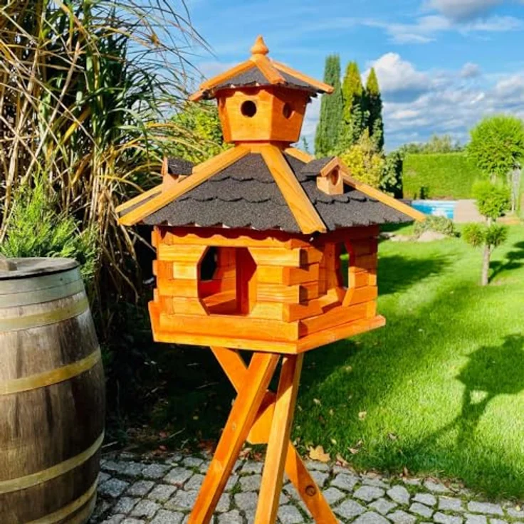 DARLUX handgefertigtes Sechseck Vogelhaus aus Holz, wetterfest XXL mit Ständer, schwarz-braun, Futterhaus mit Bitumschindeldach und Futterspender – Bild 4
