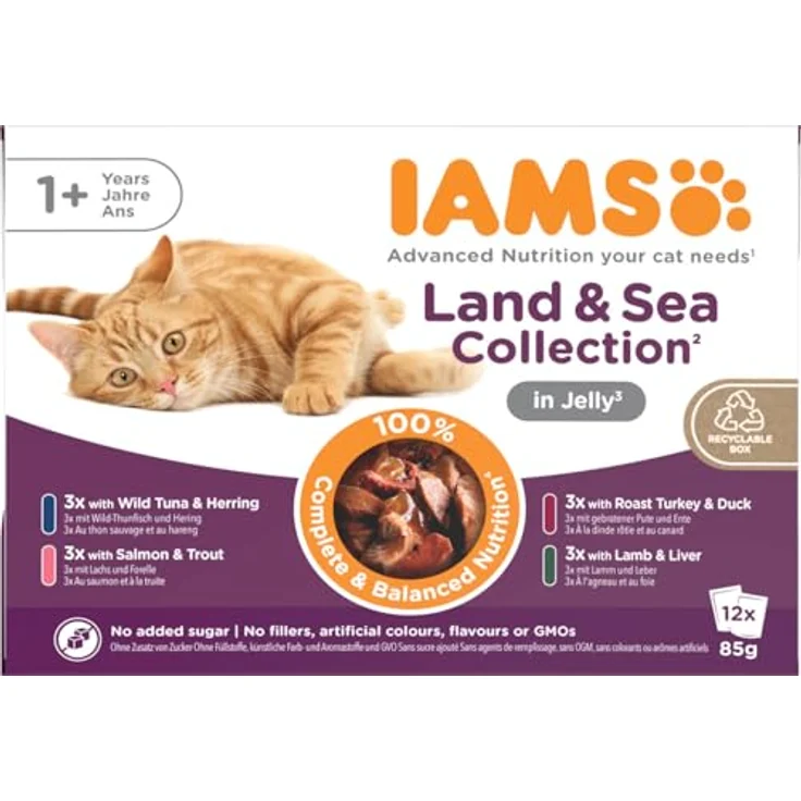 IAMS Delights Land & Sea Collection Katzenfutter Nass, Multipack mit 12 x 85 g Fleisch und Fisch in Gelee für Katzen ab 1 Jahr, ausgewogenes Alleinfutter – Bild 1
