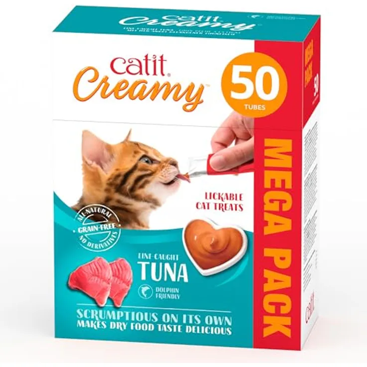 Catit Creamy Leckpaste für Katzen mit Thunfisch, 50 x 10g, hohe Fleischanteil, reich an Aminosäuren, glutenfrei