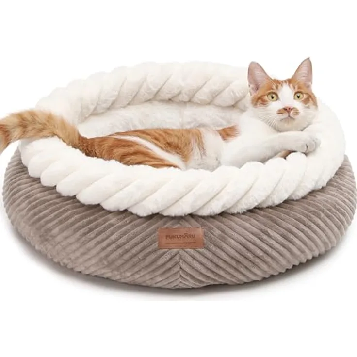 FUKUMARU Katzenbett waschbar, 55x55x21cm Katzenkorb mit erhöhtem Rand, weiches Cord, rutschfeste Unterseite, groß, kamelfarben