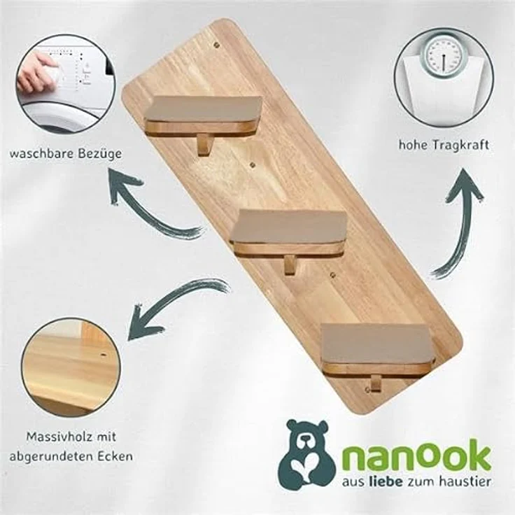 nanook Kratzbaum Katzentreppe Kletterwand 3-stufig - Wandkratzbaum - 60 x 20 cm - zur Wandmontage - Naturfarben aus Kautschukholz – Bild 3