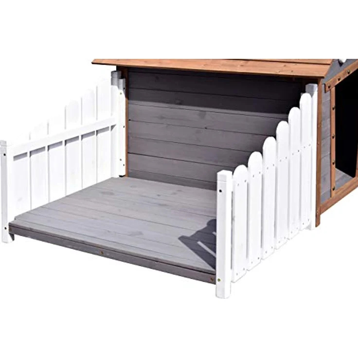 dobar® Große Hundehütte Porch, wetterfeste Holzhütte für mittelgroße Hunde mit Veranda, Spitzdach, 146,3 x 90 x 96 cm, Grau – Bild 4
