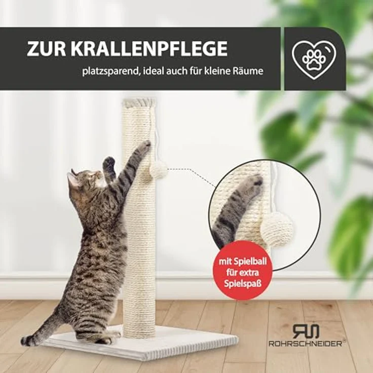 Rohrschneider Kratzbaum Stamm L, Kratzsäule mit Spielkugel, Sisalstärke 6 mm, Bodenplatte mit Cordüberzug, Höhe 64 cm, beige – Bild 5