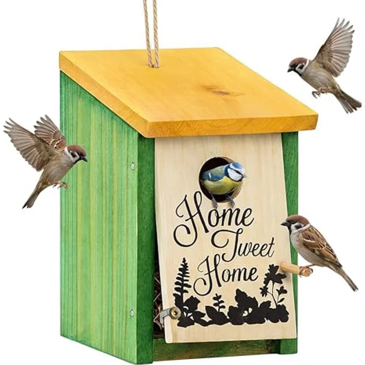 relaxdays Nistkasten Home Tweet Home, dekorativer Vogelbrutkasten aus Tannenholz, grün, mit aufklappbarer Frontplatte für einfache Reinigung – Bild 1