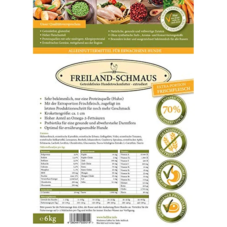 Bellfor Freiland-Schmaus Trockenfutter mit Huhn, getreidefrei, optimal für ernährungssensible Hunde, hoher Anteil an Omega-3-Fettsäuren, 6,0 kg – Bild 3