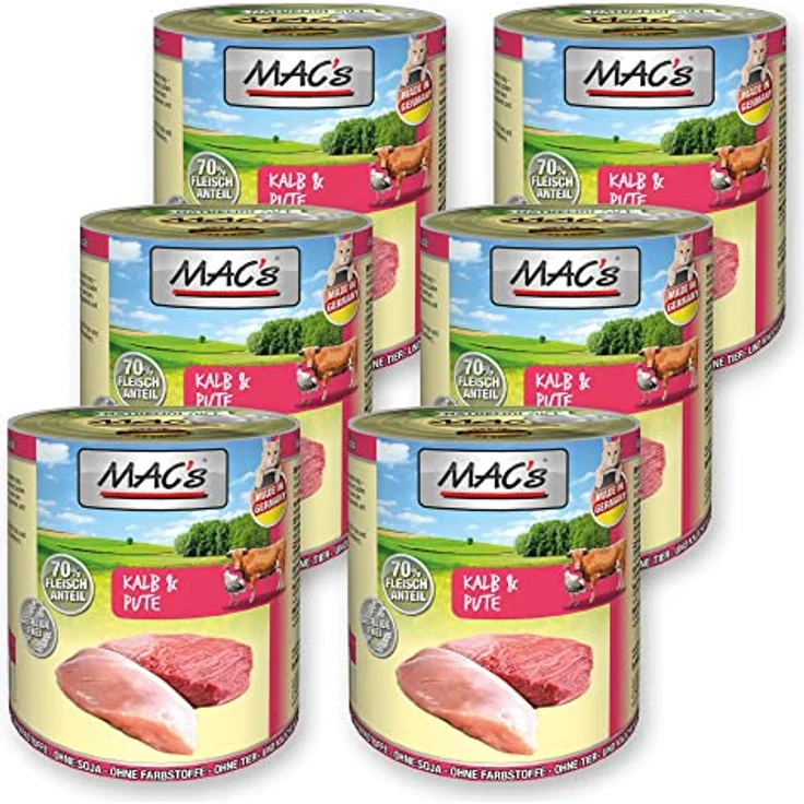 MAC's Cat Kalb und Pute, Getreidefreies Katzen-Nassfutter mit hohem Fleischanteil, 6x800g – Bild 1