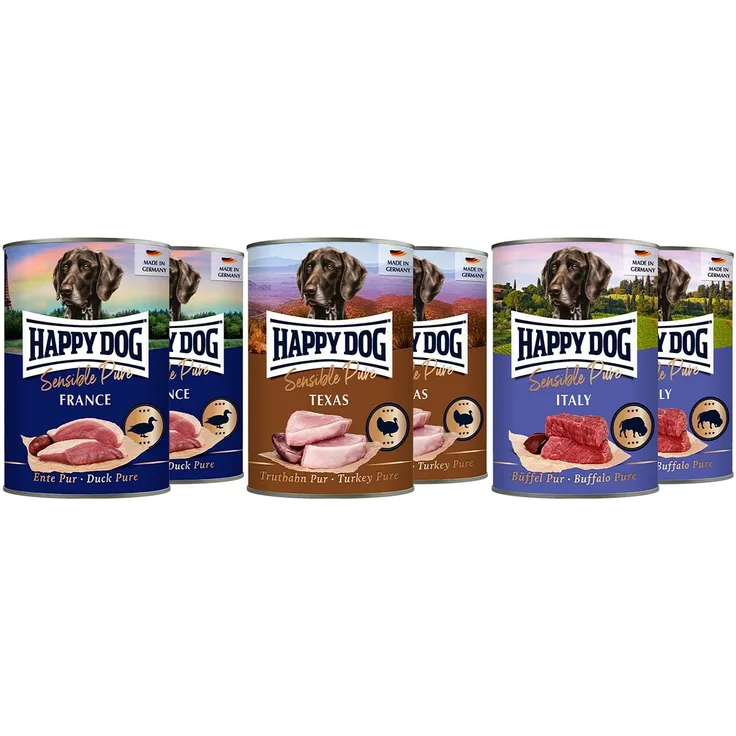 Happy Dog Sensible Pure Mischtray 6x400g, getreidefreies Nassfutter für Hunde, Sorten: Truthahn, Büffel und Ente