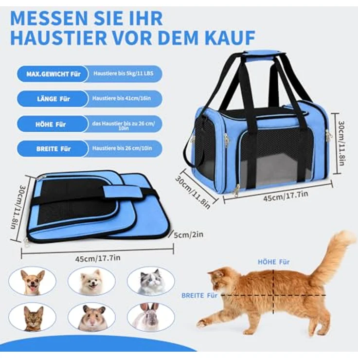 Aipwerer Faltbare Katzen Transportbox, 2 Größen (M: 43x28x28 cm, L: 50x34x34 cm), atmungsaktiv, tragbar, kratzfest mit gepolsterten Griffen – Bild 2