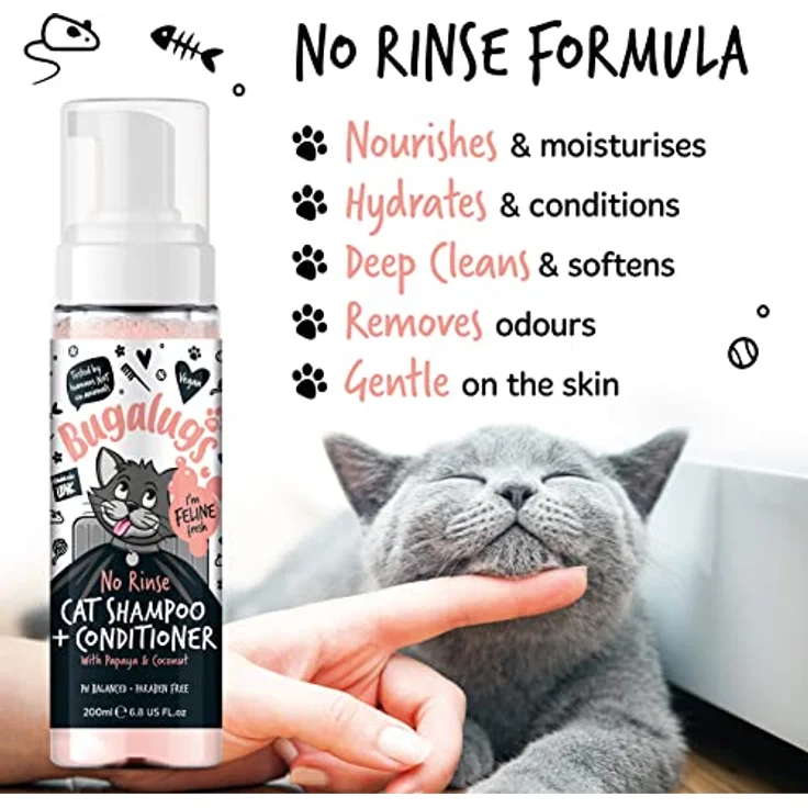 Bugalugs Katzenshampoo 2 in 1 ohne Wasser, pH-neutral, 200ml, Papaya und Kokosduft, für wasserscheue Katzen – Bild 2