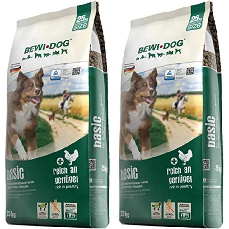 Bewi Dog Basic Allroundfutter, Hundefutter für ausgewachsene normal aktive Hunde, 2 x 25 kg, Trockenfutter ohne Weizen und Soja, mit viel Geflügel, ohne künstliche Zusätze, optimiertes Nährstoffverhältnis
