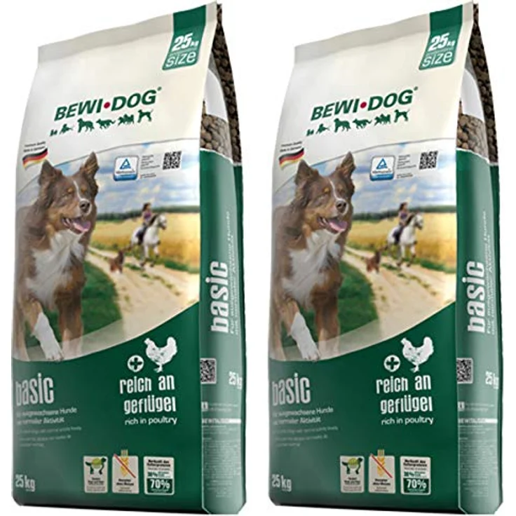 Bewi Dog Basic Allroundfutter, Hundefutter für ausgewachsene normal aktive Hunde, 2 x 25 kg, Trockenfutter ohne Weizen und Soja, mit viel Geflügel, ohne künstliche Zusätze, optimiertes Nährstoffverhältnis – Bild 1
