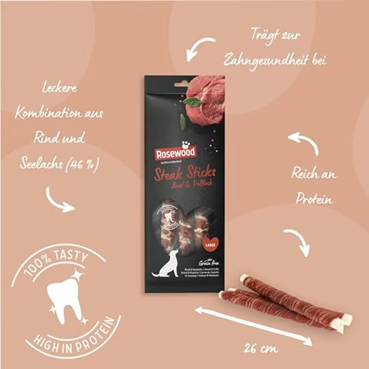 Rosewood Steak Sticks Rind & Seelachs Large, 3 Stück, 240 g – Kausnack aus Rinderhaut für Hunde, unterstützt die Zahnpflege, ohne Getreide, ohne künstliche Zusatzstoffe – Bild 4