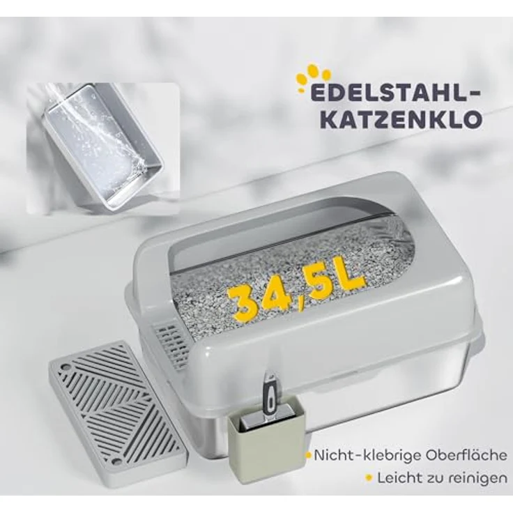 PawHut Edelstahl-Katzentoilette mit Schaufel, für Katzen unter 4,5 kg, Indoor, Hellgrau – Bild 5