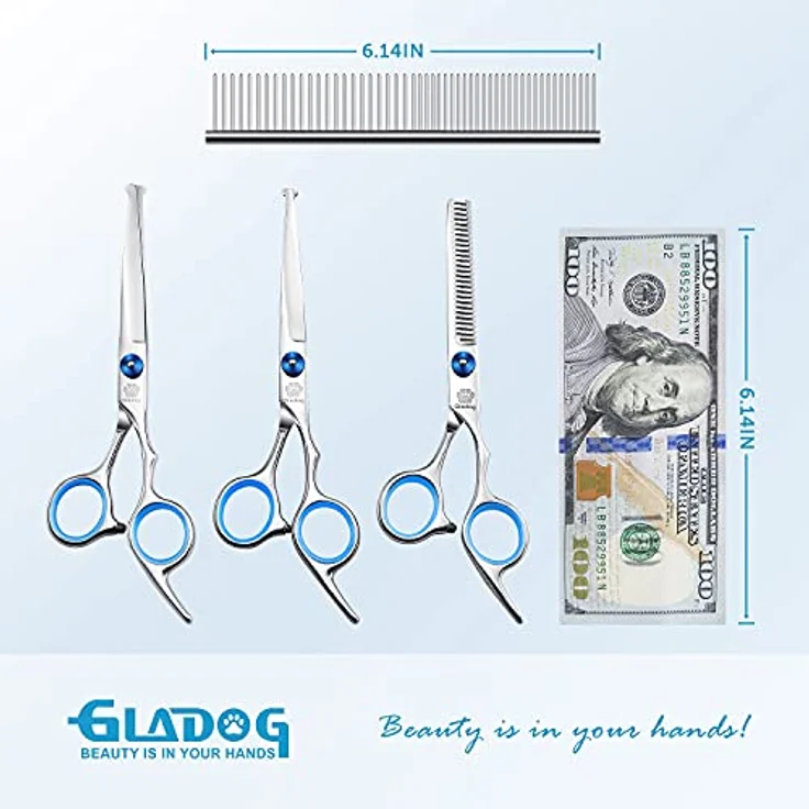 GLADOG Hundeschere Set Profi 4 in 1, Fellschere aus 4CR Edelstahl mit Titanbeschichtung, gerade & gebogene Schere, Effilierschere, rundspitzig, blau – Bild 3