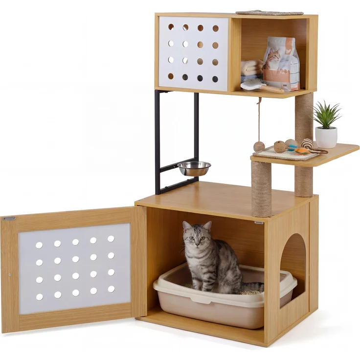 KOMFOTTEU Kratzbaum mit Katzenklo-Schrank, stabiler Katzenbaum mit Futterplattform, 3 Sisal-Kratzpfosten, 2 Kratzbrettern, Holz, Grau/Natur, 117,5 cm hoch
