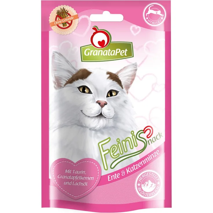 GranataPet Feinis Katzensnack Ente und Katzenminze, 50g - getreidefrei, mit Lachsöl und Granatapfelkernen