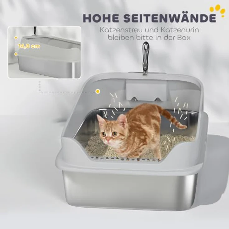 PawHut Offene Katzenklo Edelstahl, hohe Wände, für große Katzen bis 12 kg, grau, 69,8 x 50,3 x 29,8 cm – Bild 5