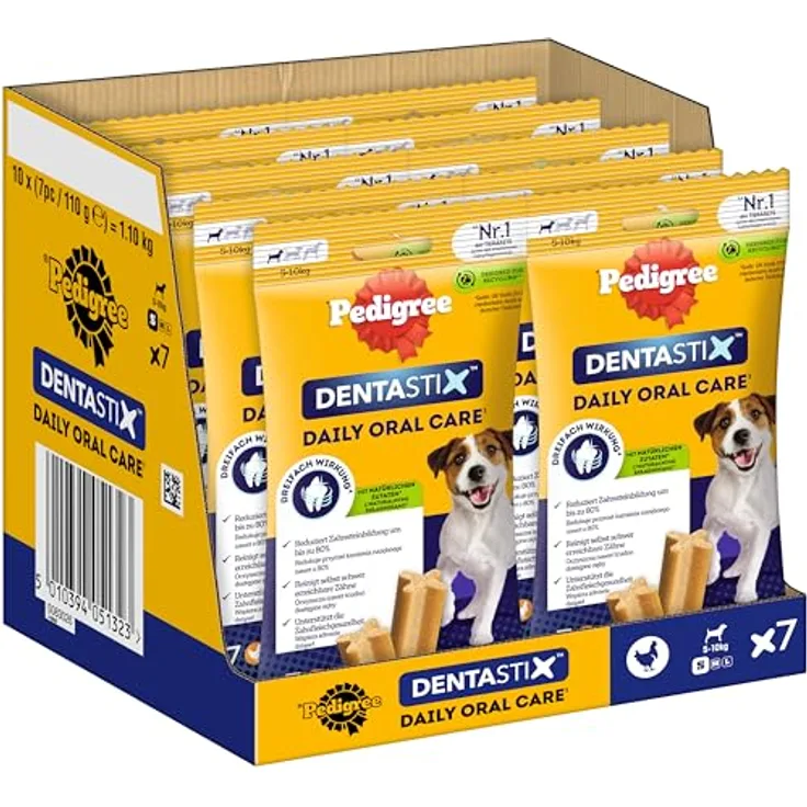 Pedigree DentaStix Hundesnack für kleine Hunde (5-10kg), Zahnpflege-Snack mit Huhn und Rind, 10 Packungen je 7 Stück (10 x 100 g), reduziert Zahnsteinbildung bis zu 80%