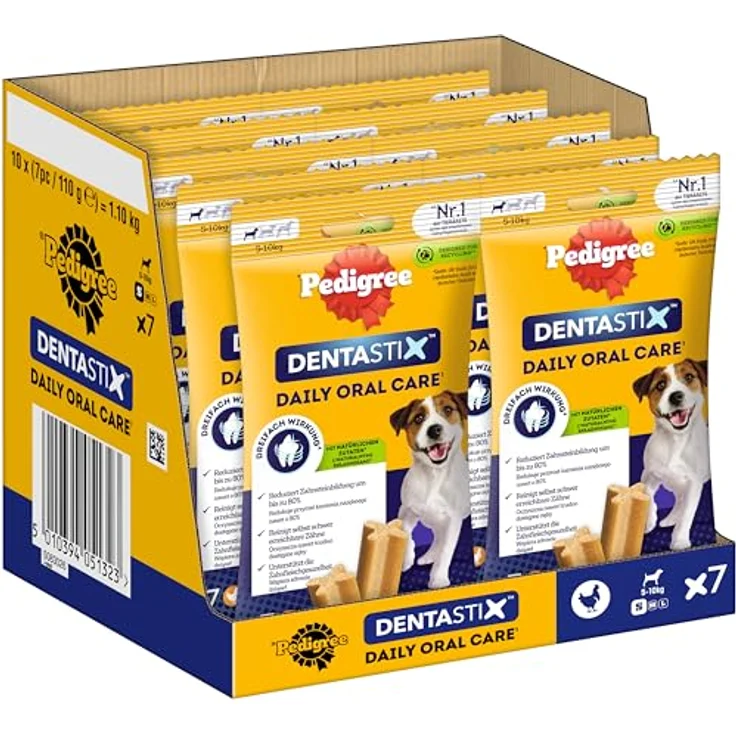 Pedigree DentaStix Hundesnack für kleine Hunde (5-10kg), Zahnpflege-Snack mit Huhn und Rind, 10 Packungen je 7 Stück (10 x 100 g), reduziert Zahnsteinbildung bis zu 80% – Bild 1
