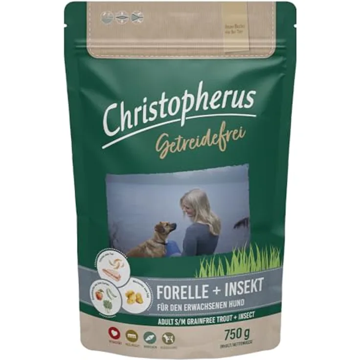 Christopherus Getreidefrei Forelle & Insekt, 750g Hunde-Trockenfutter für Futterunverträglichkeiten, gluten- und getreidefrei, für kleinere bis mittlere Rassen