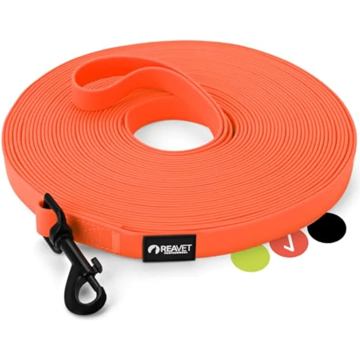 ReaVET Schleppleine für Hunde, 15 Meter, Neon Orange I Robuste & wasserfeste Trainingsleine mit Griff für große & kleine Hunde