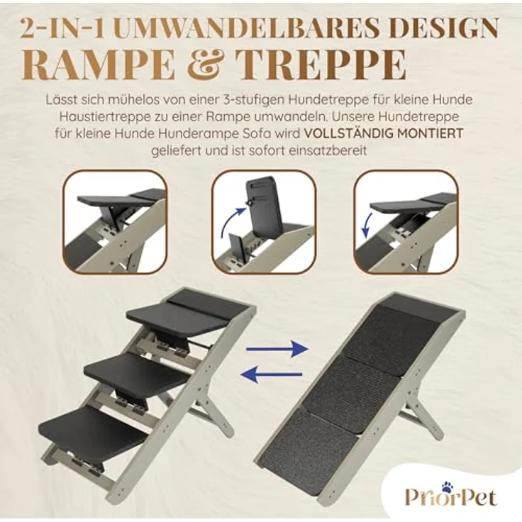 PRIORPET Hundetreppe 2-in-1 Treppe/Rampe, höhenverstellbar 18-50 cm, rutschfeste Gummioberfläche, massive Birkenholzkonstruktion, grau – Bild 2