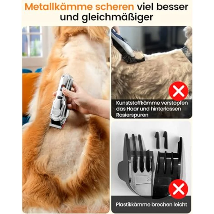 oneisall Leise Hundeschermaschine, Hochleistungs Tierhaarschneidemaschine mit Metall-Führungskamm für dickes, lockiges und feines Haar, kabellos, silber – Bild 3