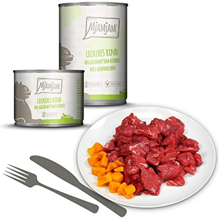 MjAMjAM Premium Nassfutter für Katzen Mixpaket I, Huhn, Rind, Herzen, getreidefrei, 6er Pack (6 x 400 g), mit extra viel Fleisch – Bild 3