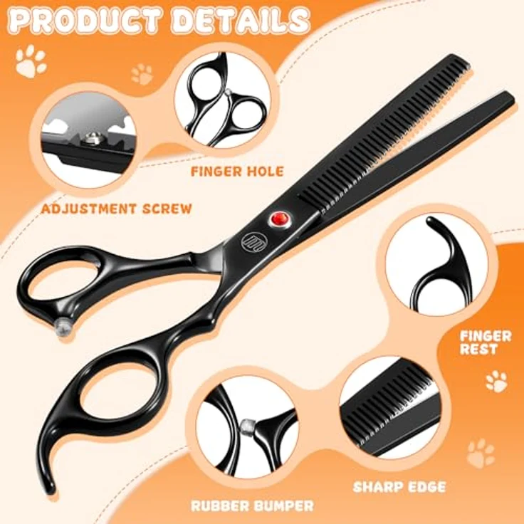 Moontay 7 Zoll Fellschere Set für Hundepflege, 8-in-1 mit gebogener, gerader, Chunker- und Ausdünnungsschere, ergonomische Griffe, Schwarz – Bild 4