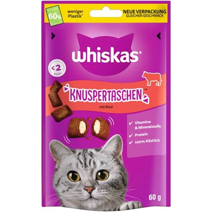 WHISKAS Knuspertaschen Katzensnacks mit Rind, 6 x 60g – Angereichert mit Vitaminen und Mineralstoffen, weniger als 2 kcal pro Leckerli – Bild 2