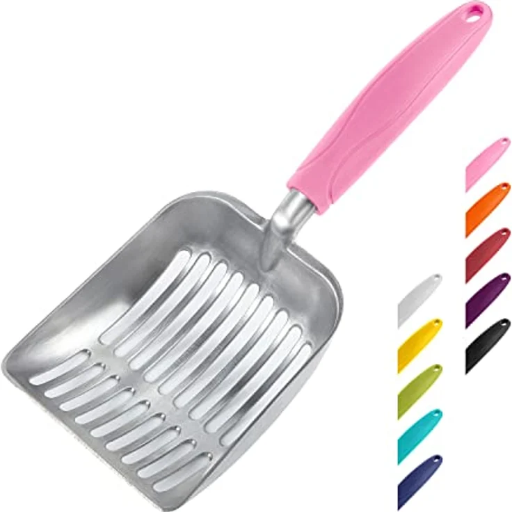 WePet Katzenstreuschaufel, Aluminiumlegierung, tiefe Kotsieb mit langem Griff, rosa, 28 cm x 11 cm x 4 cm, langlebig und robust – Bild 1