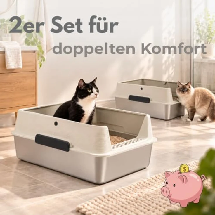GarPet Katzentoilette 2er Set, XXL Edelstahl Katzenklo mit hohem Rand, silber, 60 x 40 x 26.5 cm – Bild 9