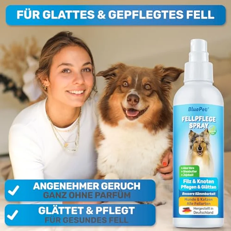 BluePet Entfilzungsspray 200 ml für Hunde & Katzen, Anti-Filz Spray mit Aloe Vera, Shea-Butter & Jojobaöl, verbessert Kämmbarkeit, dermatologisch getestet, vegan – Bild 5
