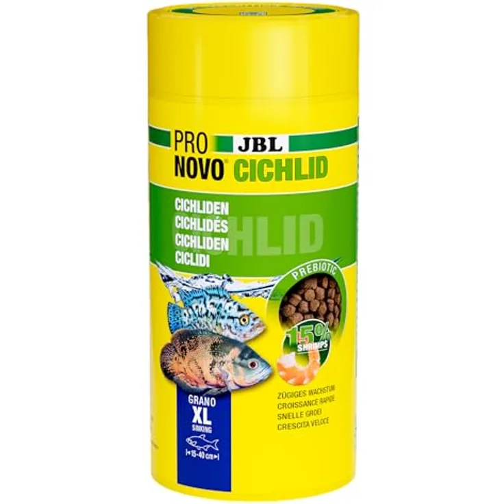 JBL PRONOVO CICHLID GRANO, Hauptfutter für Buntbarsche 15-25 cm, lichtdichte Dose mit Klickdosierer, 1000 ml